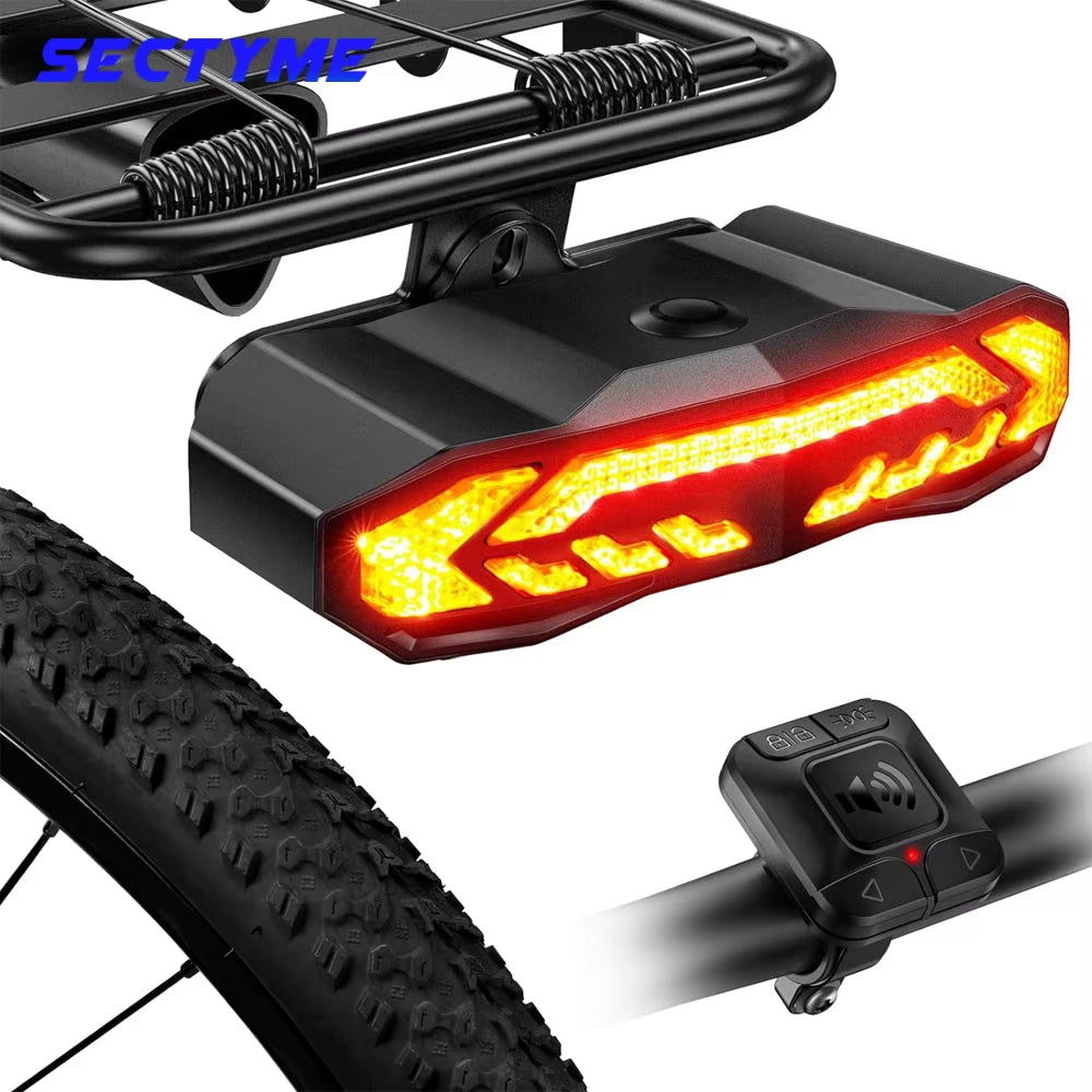 Bike Tail Light for Cargo Rack with Turn Signals Brake Light Rechargeable Wireless Remote Bike Horn Alarm Bike Light