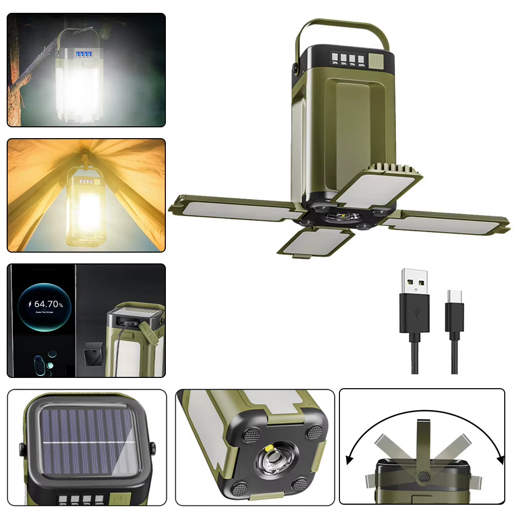 Solar Camping Lantern Foldable Camping Light Waterproof Rechargeable Lantern Portable Flashlight LED Tent Light Emergencise Gear