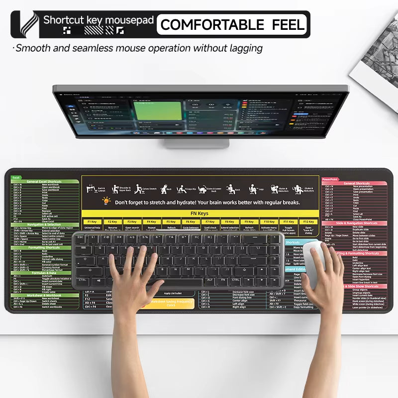 Excel Shortcut Keys Mouse Pad - Extended Large XL Cheat Sheet Gaming Mousepad Non-Slip PC Office Spreadsheet Keyboard Mat