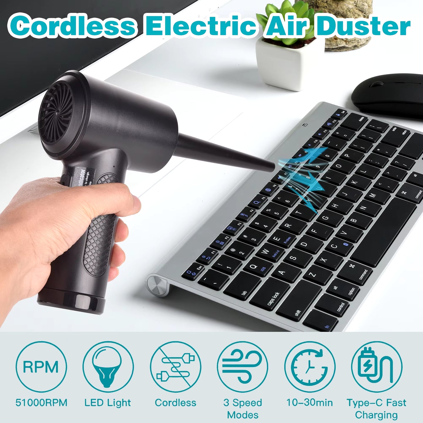 Portable Cordless Air Duster for Computer Cleaning - 51000 RPM Compressed Air Blower with LED Light for PCs and Keyboards