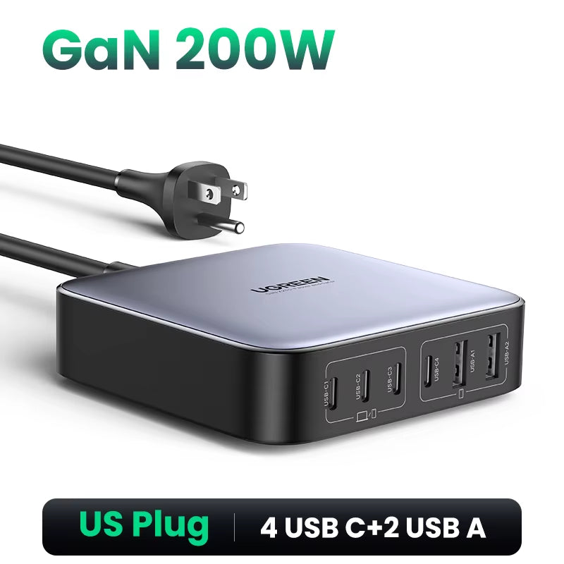 200W Gan Charger Desktop Laptop Fast Charger 6 in 1 Adapter for Iphone 17 16 Pro Xiaomi Samsung Tablets Macbook Charger