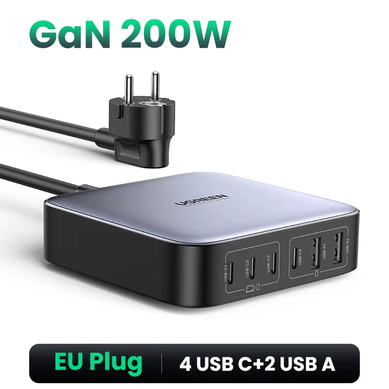 200W Gan Charger Desktop Laptop Fast Charger 6 in 1 Adapter for Iphone 17 16 Pro Xiaomi Samsung Tablets Macbook Charger