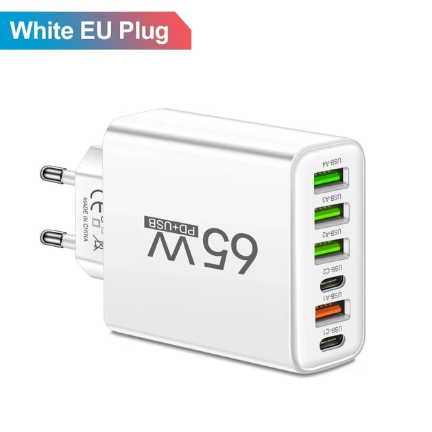 65W USB C Charger PD Fast Charging Mobile Cell Phone Type C Multiple 6 Ports Wall Adapter for Iphone 15 16 Xiaomi Huawei Samsung