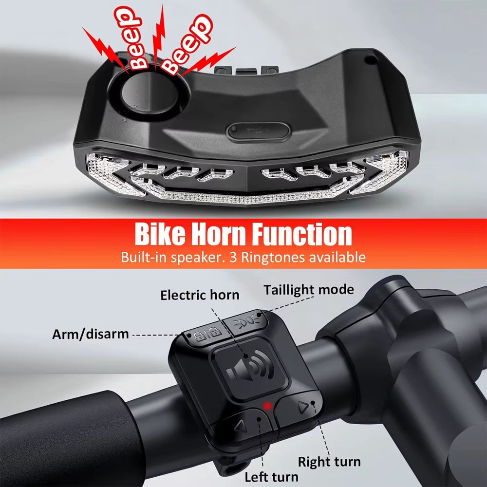 Bike Tail Light for Cargo Rack with Turn Signals Brake Light Rechargeable Wireless Remote Bike Horn Alarm Bike Light