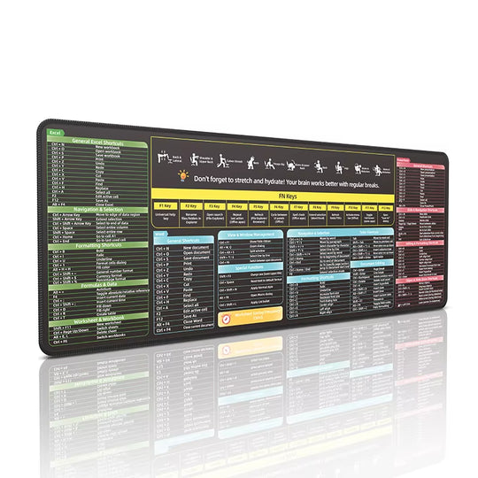 Excel Shortcut Keys Mouse Pad - Extended Large XL Cheat Sheet Gaming Mousepad Non-Slip PC Office Spreadsheet Keyboard Mat