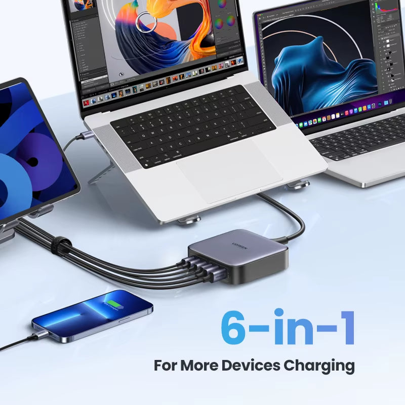 200W Gan Charger Desktop Laptop Fast Charger 6 in 1 Adapter for Iphone 17 16 Pro Xiaomi Samsung Tablets Macbook Charger